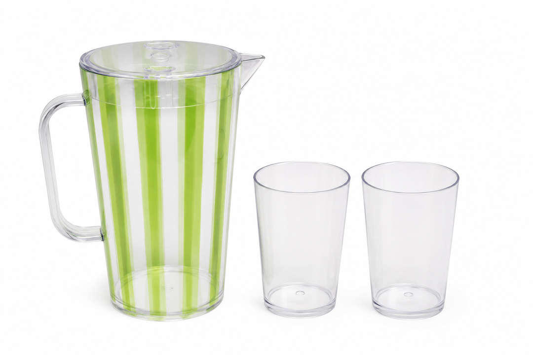 Green Striped Pitcher With 2 Cups 2.5qt