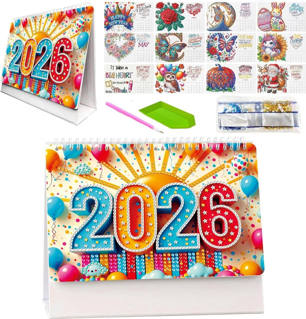Diamond Art Painting Desk Calendar 2026 Monthly Flip Tabletop Calendar Kit, DIY 5D Festival Diamond Art Painting Calendar for Home Office Planning Desktop Ornament DIY Craft Gift