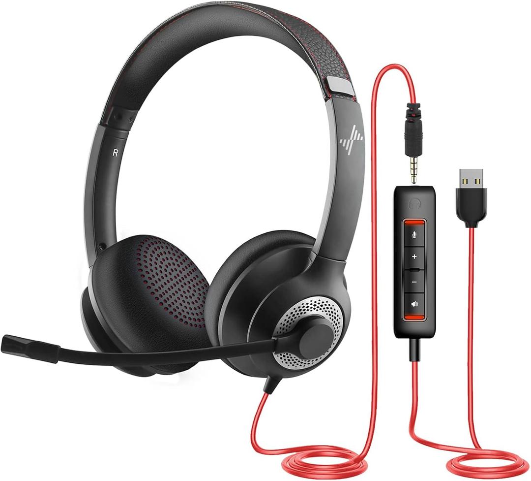 JIAMQISHI USB Headset with Microphone for PC, On-Ear Computer Laptop Headphones with Noise Cancelling Microphone in-line Control for Home Office Online Class Skype Zoom (USB+3.5mm, Black)