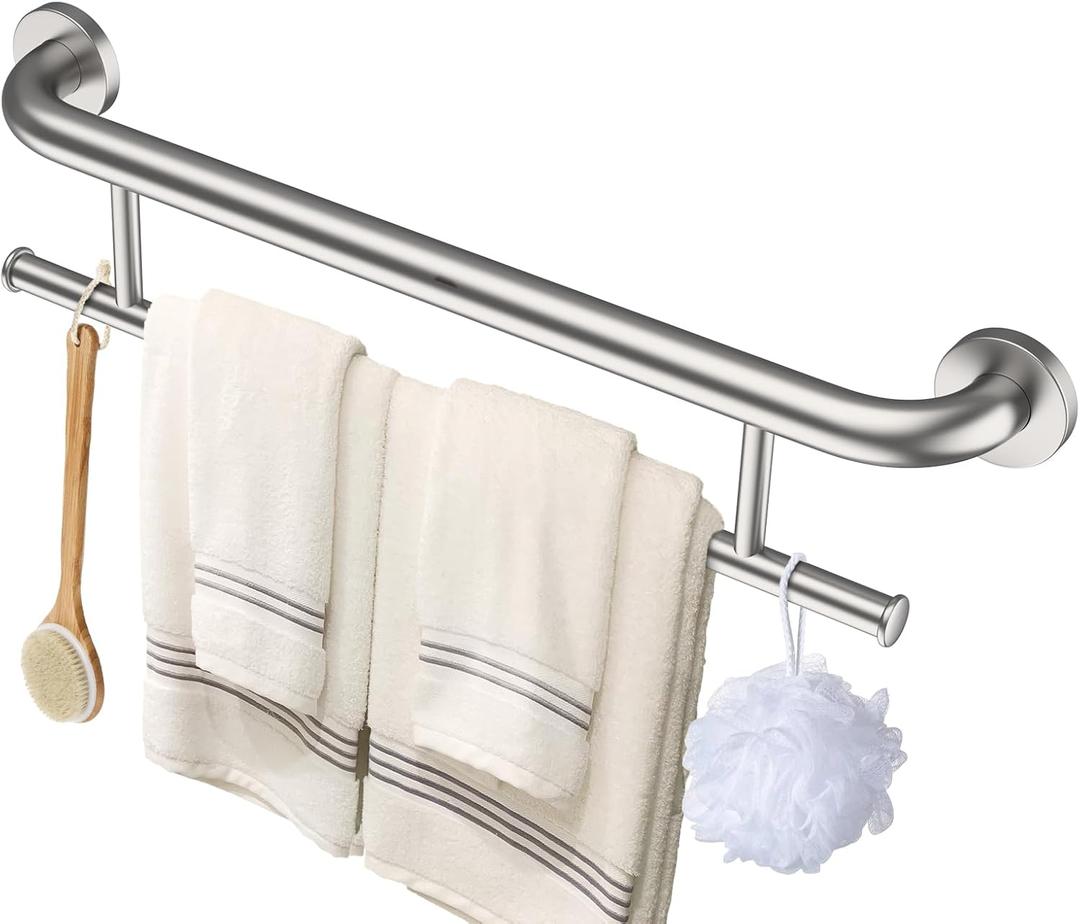 Brushed Nickel Towel Grab Bar 24 Inch - 1.25 Diameter, Zepolu Stainless Steel Safety Bar w/Towel Holder, Shower Assist Balanced Support Handle, Wall Mounted Bathroom Grab Rail for Senior Elderly
