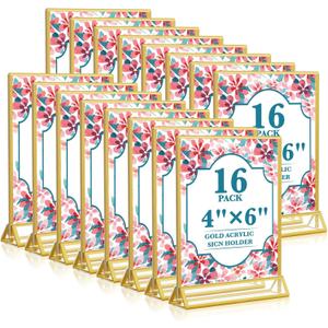 Gold Acrylic Sign Holder 4x6, 16 Pack Wedding Gold Frame Table Number Holders Vertical, Clear Picture Frames Flyer Stands Tables Menu Holder, Double Photo Paper Display Holder for Party, Home, Office