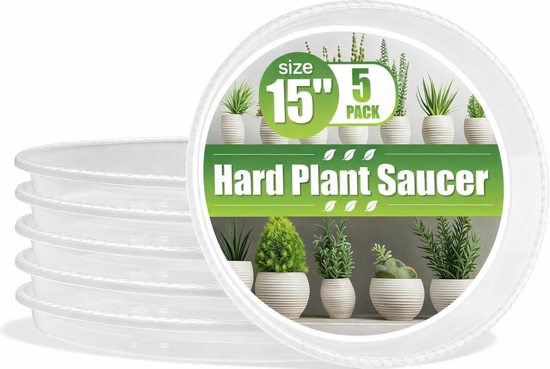 RooTrimmer 5 Pack 15 Inch Clear Plant Saucers for Pots,Thick Heavy Duty Plastic Plant Trays,Transparent Drip Trays for Indoor & Outdoor Plants