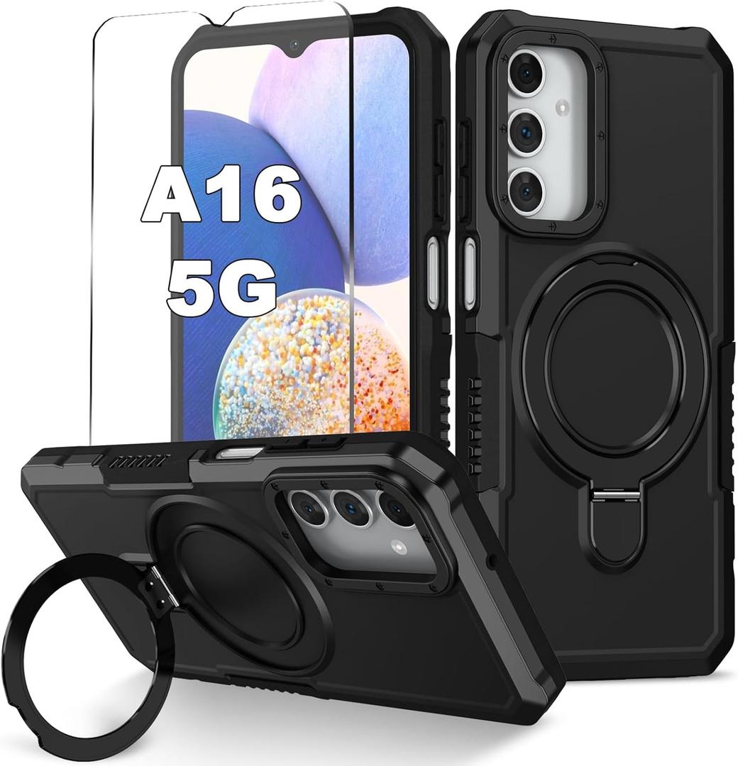 for Samsung Galaxy A16 5G Phone Case 2024 with Screen Protector, 360 Rotating Stand Heavy Protection Cover for Galaxy A 16 Phone, Black