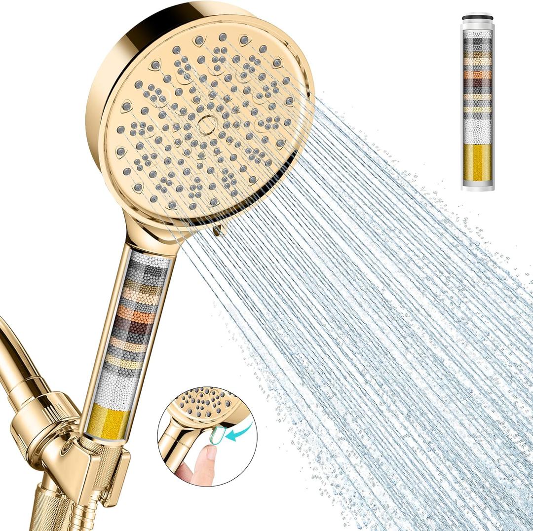 Cobbe Filtered Shower Head with Handheld, High Pressure 6 Spray Mode Showerhead with Filters, Water Softener Filters Beads for Hard Water - Remove Chlorine - Reduces Dry Itchy Skin, Egyptian Gold