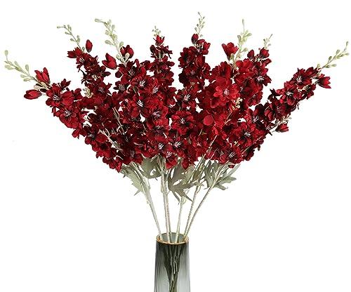 ICBOX 4pcs Red Delphinium Artificial Flowers 33.5in Long Stem Larkspur Fake Silk Flowers for Tall Vase Faux Flowers for Home Wedding Baby Shower Floral Arrangement Centerpiece Table Decor (Dark Red)