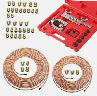 25Ft 1/4" and 3/16" Brake Line Kit, Single & Double Brake Line Flaring Tool Kit with 32 Inverted Fittings and Brakes Flare Tool Kits, Copper Plated Brakes Lines Repair Kits