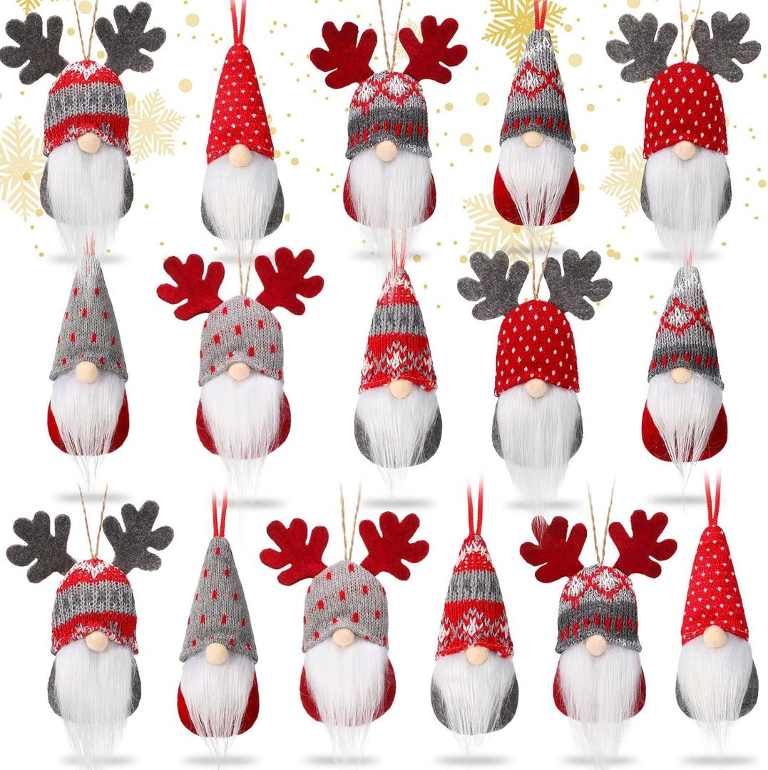 Skylety Christmas Tree Hanging Gnomes Plush Christmas Ornaments Elk Swedish Handmade Gnome Decor Mini Halloween Scandinavian Santa Holiday Decoration for Walls Stairs Windows(16 Pieces)