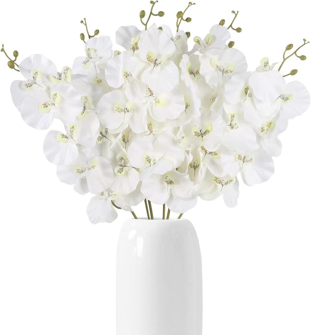 6pcs Orchid Artificial Flowers 29 in Fake White Orchid with Long Stem Faux Phalaenopsis Branches Silk Orchid Flowers for Wdding Party Home Decoration (White)