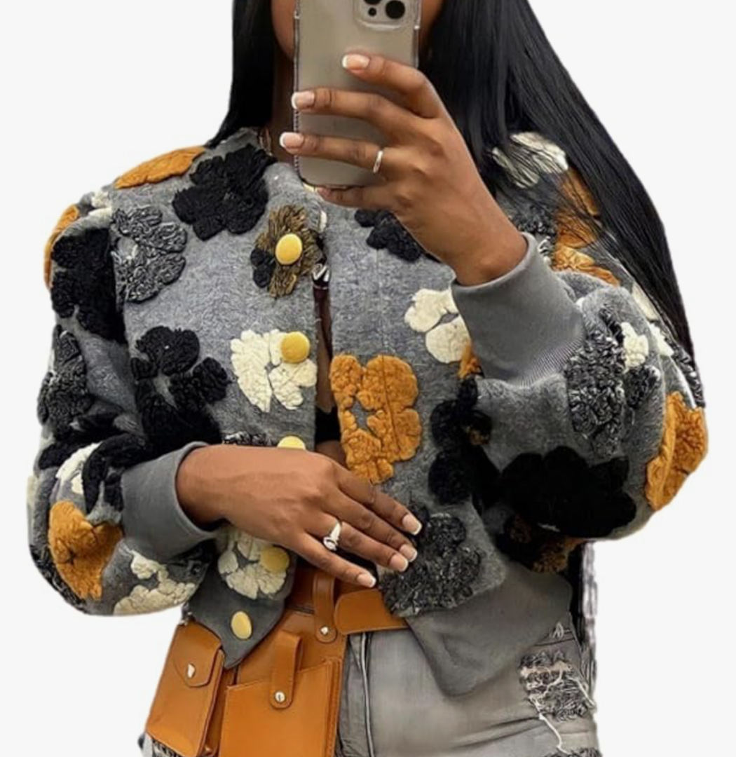 Aimiray Women's Cropped Floral Print Jacket Long Sleeve Fleece Warm Bomber Jacket Lightweight Button Varsity Coats Size S