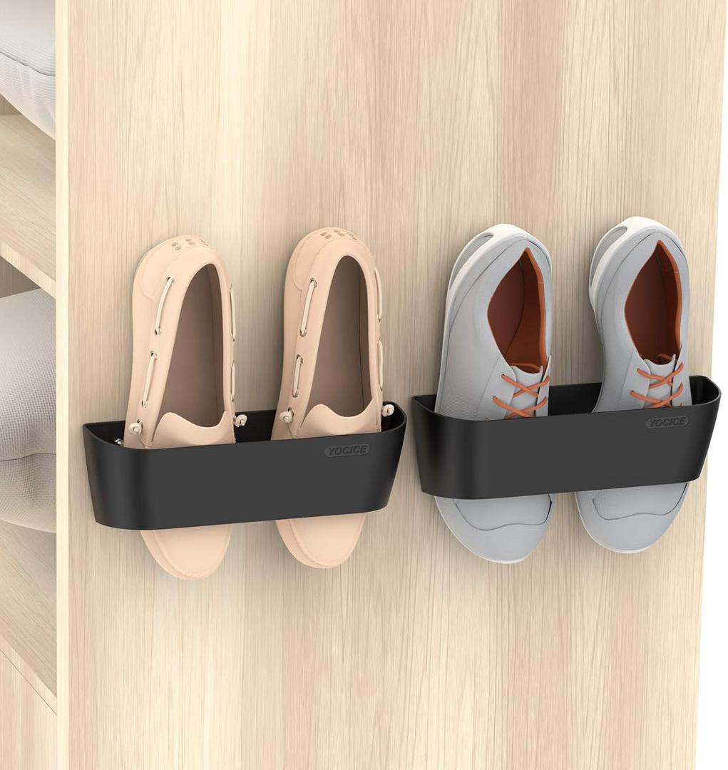 Wall Mounted Shoes Rack 2Pack with Sticky Hanging Strips, Plastic Shoes Holder Storage Organizer,Door Shoe Hangers (SM03-Black-2)