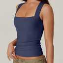 QINSEN Women's Double Layer Tank Tops Square Neck Sleeveless Basic Tight T Shirts (Blue, XS)