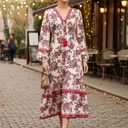 Sunny Spirit Womens Maxi Boho Dresses Floral Print Summer V Neck 2025 Flowy Tassel Long Casual Dress with Long Puff Sleeves (M)