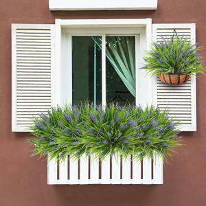 4PCS UV Resistant Artificial Lavender Plants Outdoor - 14.5" Realistic Faux Flowers with Monkey Grass, Fake Purple Blooms for Garden Planters, Porch Decor and Window Boxes (Purple)