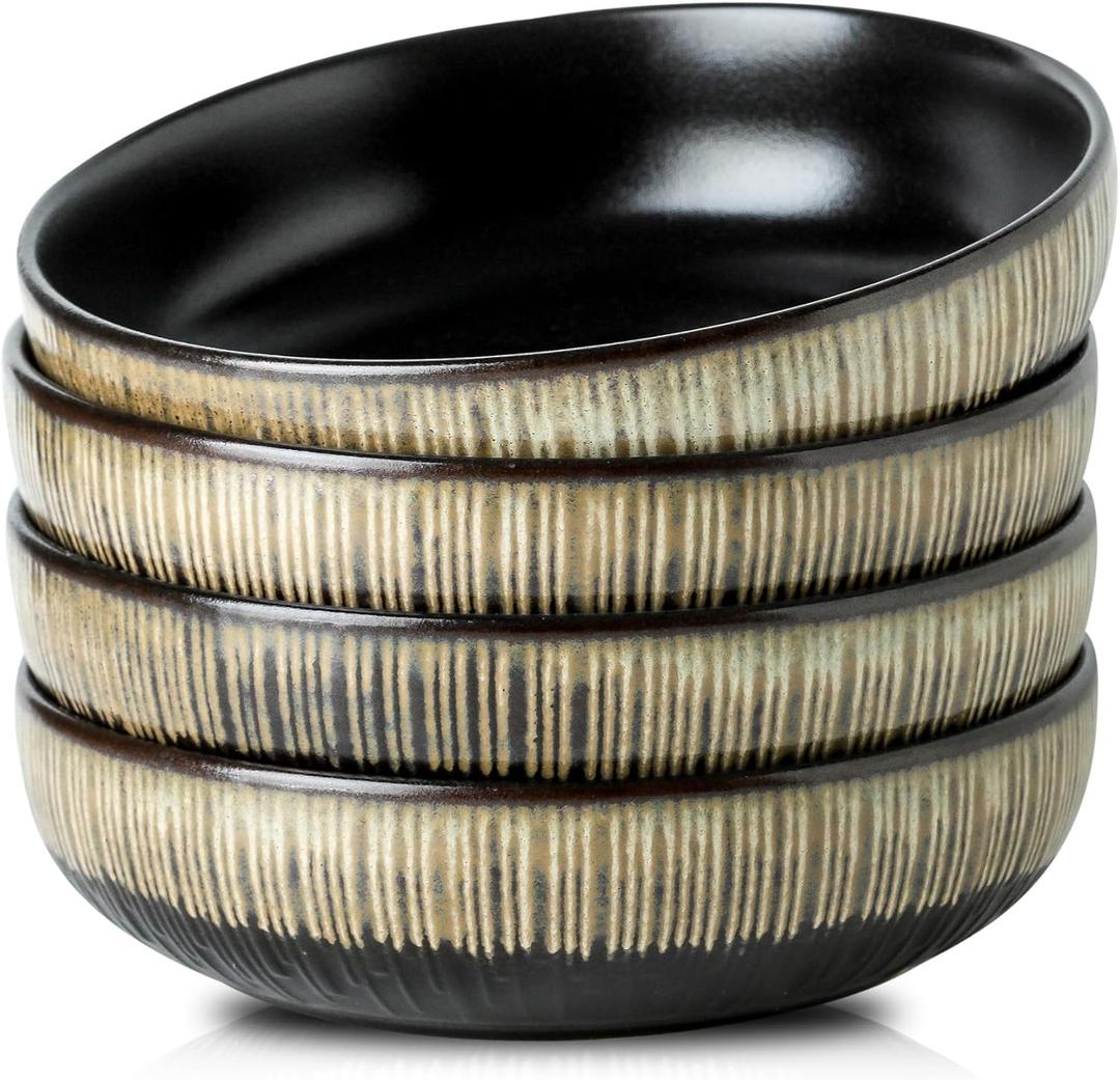 KOOV Ceramic Bowl, 46 OZ Pasta Bowls Set of 4, Large Salad Bowl Set, Large Bowl For Eating, Dinner Bowls, Stackable Serving Bowls, Stripe Series (Rough Black)