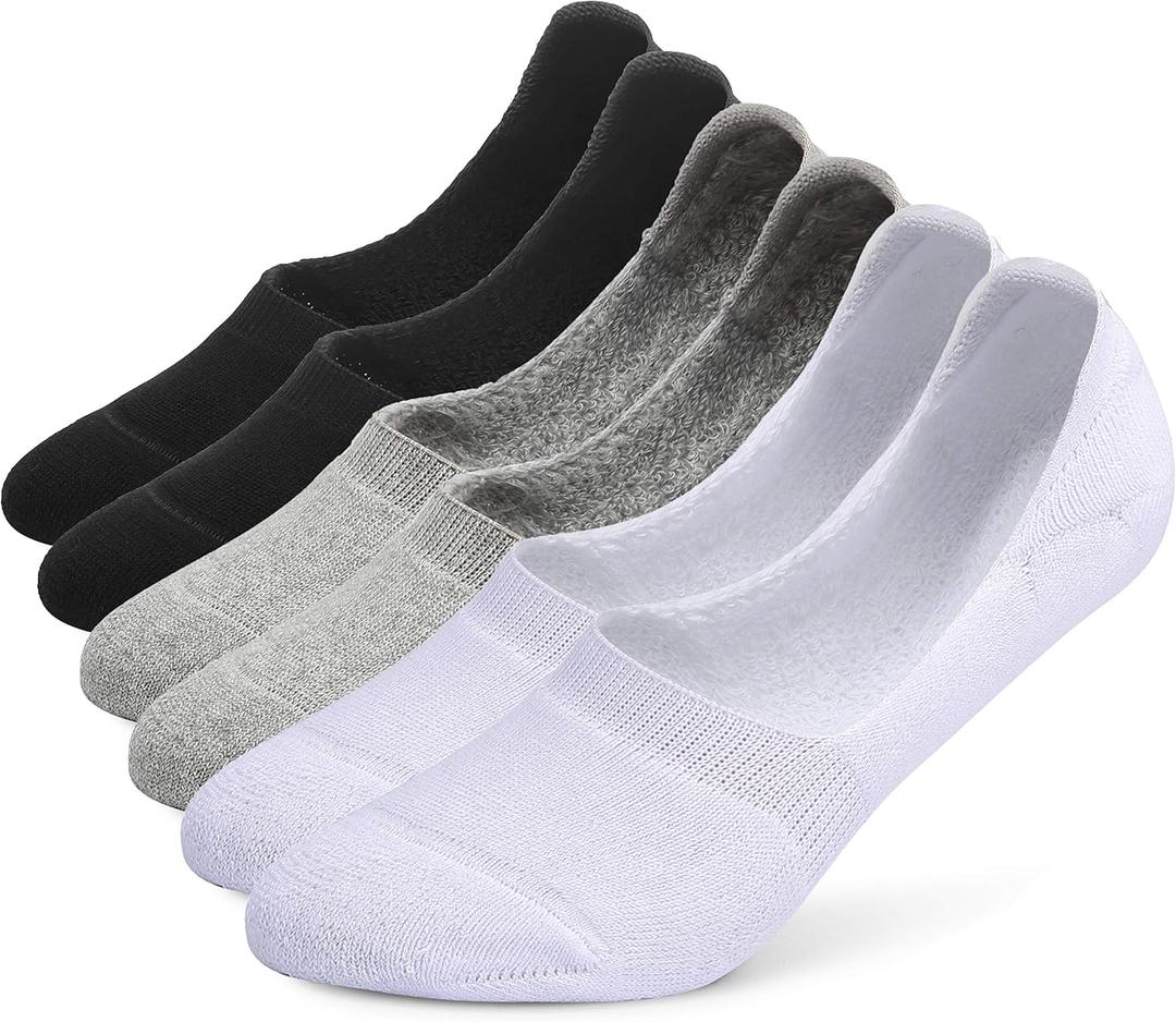 Leotruny 6 Pairs Unisex Thick Cushion Athletic Cotton Non Slip Low Cut Flat Liner No Show Socks (X-Large, C01-Black/ White/ Light Gray)