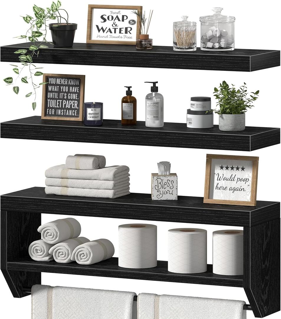 QEEIG Bathroom Long Wall Shelf Floating Shelves (Black, Set of 3, 31.5")