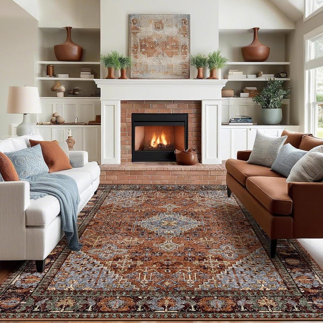 9x12 Area Rugs for Living Room, Machine Washable Low Pile Rug, Non Slip Backing Boho Rugs for Bedroom, Printed Soft Vintage Carpet Sienna Brown 9 x 12