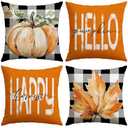Artscope Fall Decorative Throw Pillow Covers 20x20 Inch Set of 4, Hello Happy Autumn Pumpkin Buffalo Plaid Maple Leaves Harvest Outdoor Farmhouse Pillow Cases for Home Sofa Couch-Orange B, 2 Pack