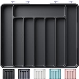 Kitsure Cutlery Drawer Organiser for Kitchen - Adjustable Cutlery Tray for Effortless Utensil Sorting, Versatile Kitchen Storage & Organisation Solution, 13.70" x 1.54" x 10.94"~20.08", Black (Large)