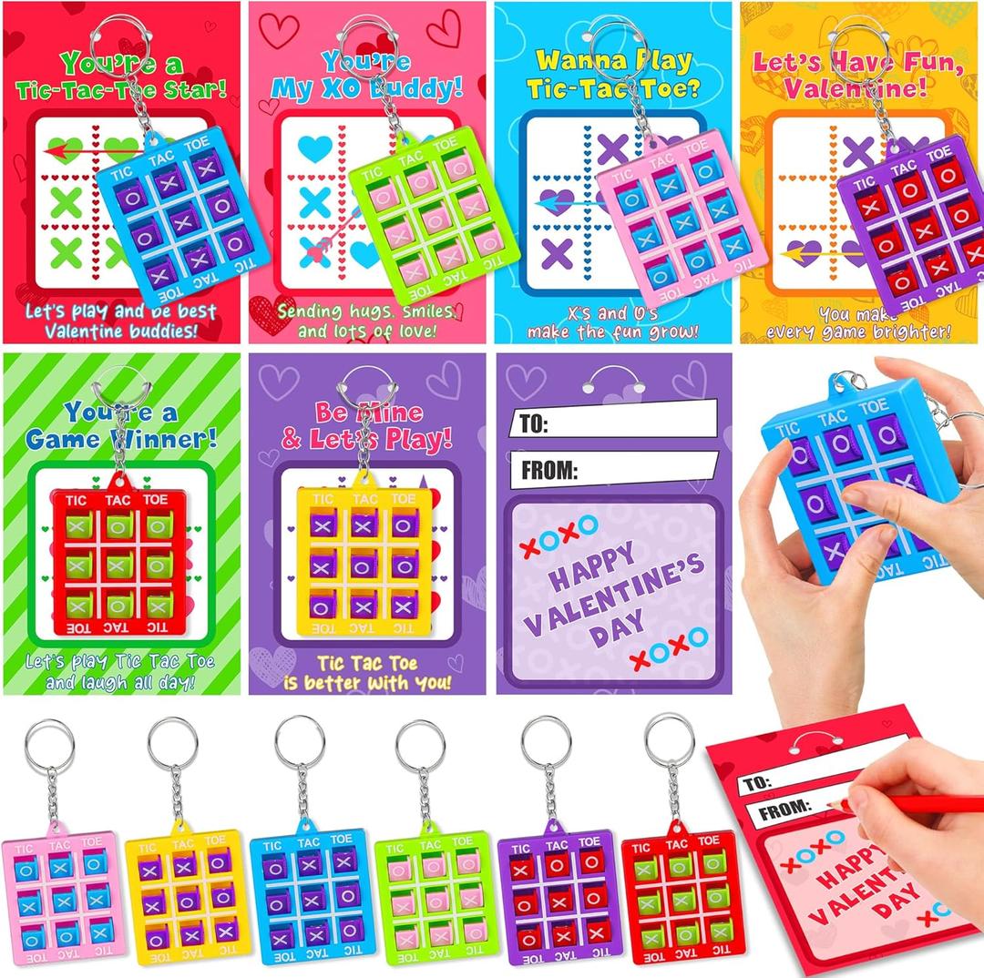 24 Pack Valentine's Day Gifts for Kids Classroom Tic Tac Toe Game Keychains with Valentine's Day Cards for Kids School, Valentine's for Kids Class Exchange Cards Gifts Prizes Party Favors for Boys Girls