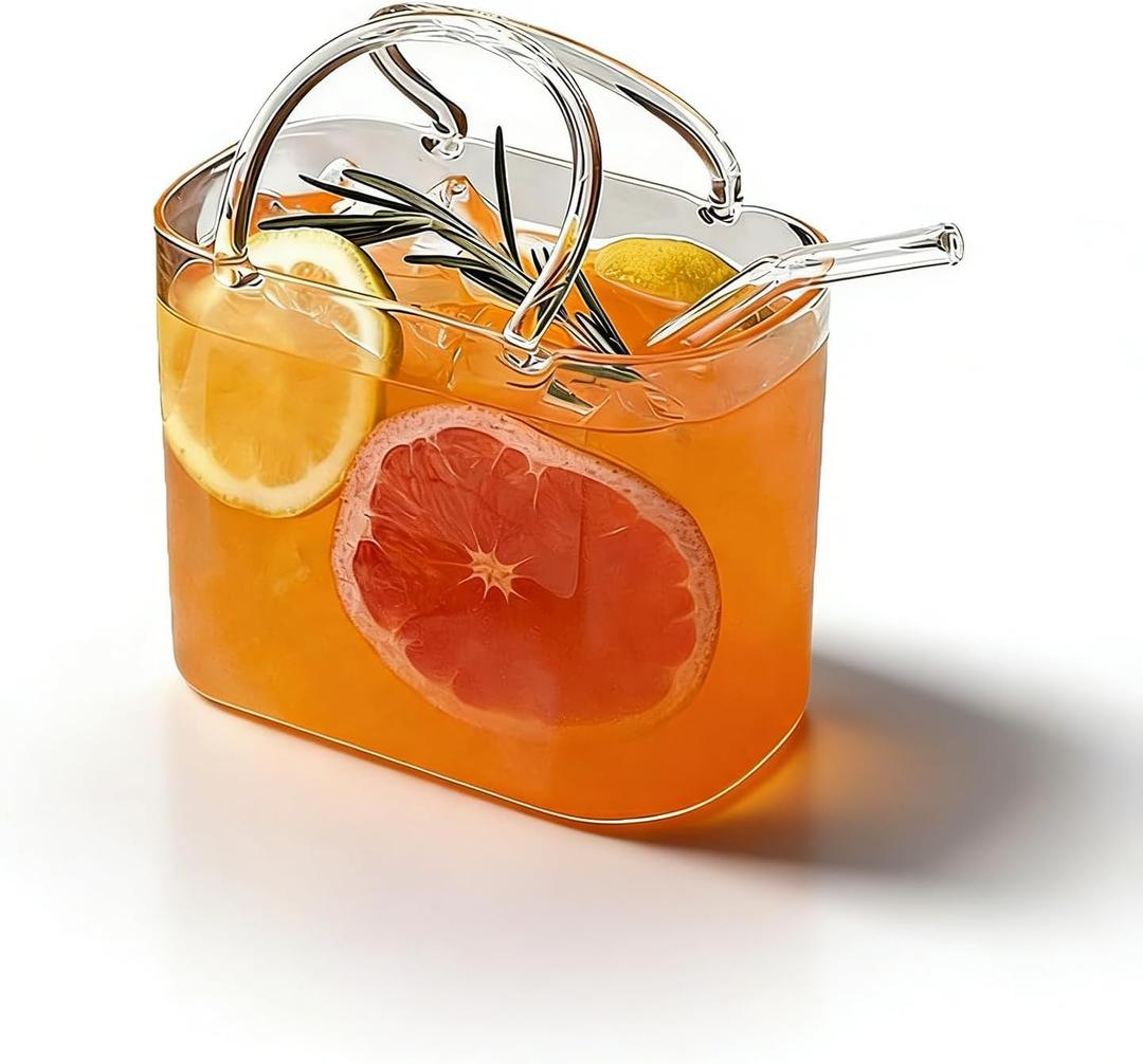 Glass Purse for Drinks, 26oz Unique Wine Glasses with Straw Cute Handbag Shaped Cocktail Purse Drinking Glass Cups for Fruit Juice, Tea, Flowers, Gifts for Birthdays Holidays Party
