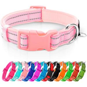 Azuza Reflective Dog Collar,Soft Neoprene Padded Pet Collar with ID Tag Ring,Adjustable for Puppy and Small Dogs, Pink, XS