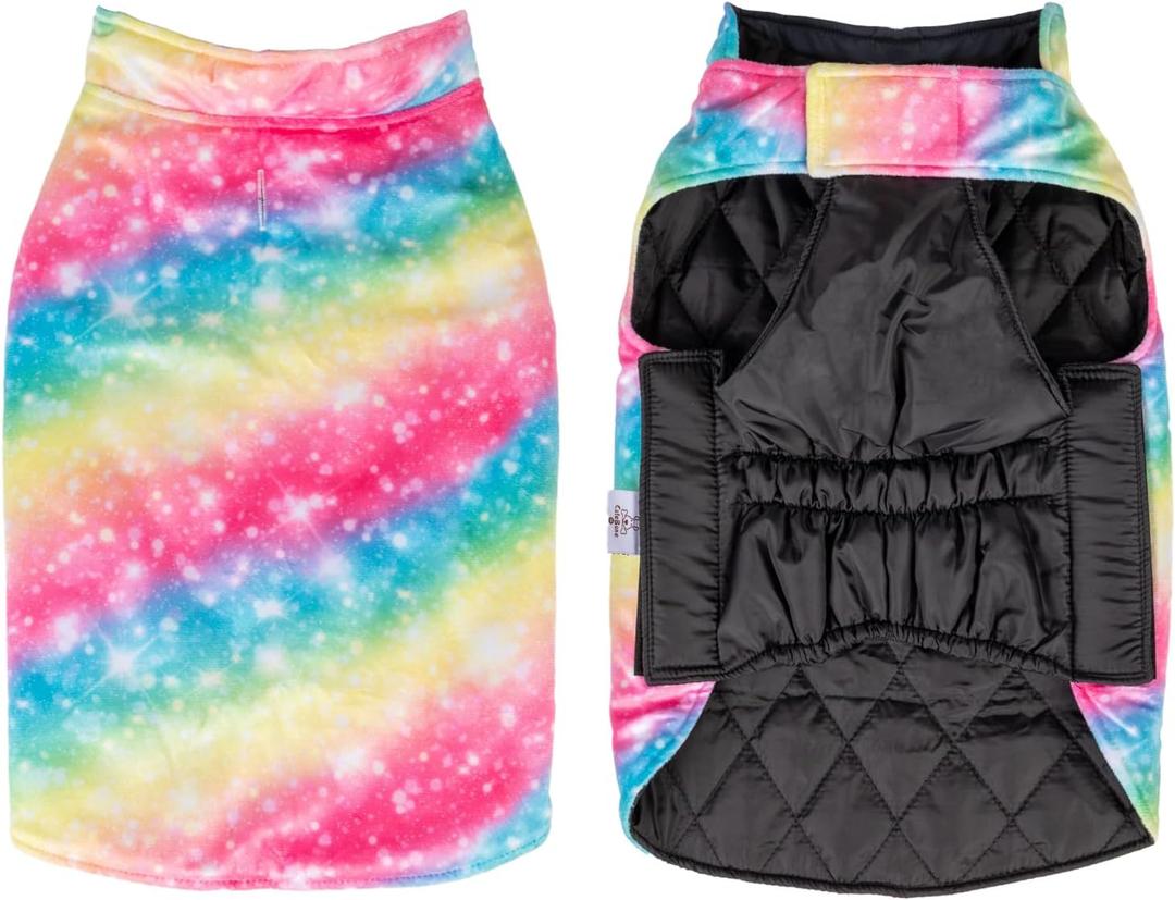 CuteBone Winter Dog Jacket - Waterproof, Windproof, Reversible, Adjustable Cold Weather Coat for Small to Large Dogs - Soft, Thick, with Leash Hole (2-Rainbow)