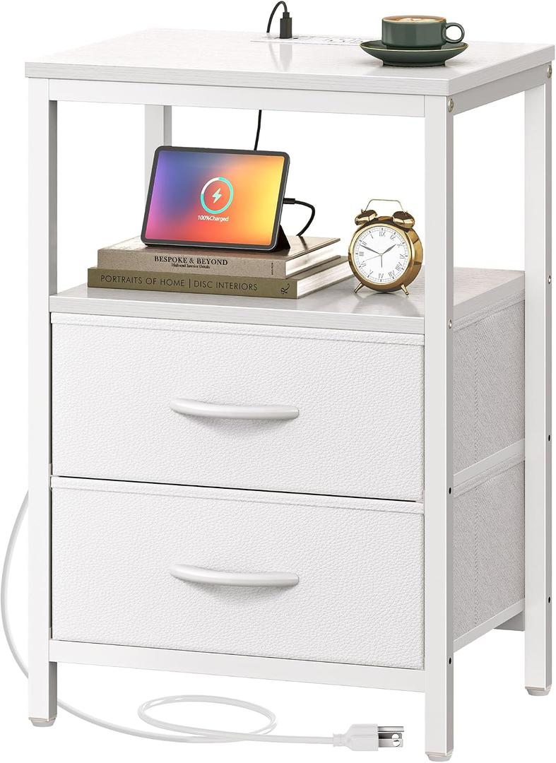 Huuger Nightstand with Charging Station, Side Table with 2 Fabric Drawers, End Table with Open Shelf, Bedside Table with USB-C Port and Outlets, Night Stand, PU Leather, White, 11.8"D x 15.7"W x 23.6"H