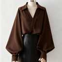 SweatyRocks Women's Wrap Lantern Sleeve Dressy Blouses Collared V Neck Business Casual Tops (Brown, S)