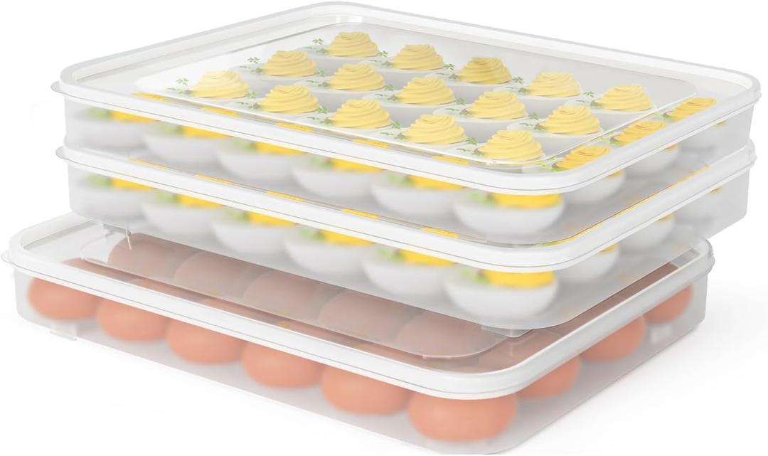 77L Deviled Egg Containers with Lid, (Set of 3), Plastic Egg Holder for Refrigerator for 72 Eggs, Clear Storage Deviled Egg Carrier Tray, Fridge Stackable Countertop Portable Egg Platter