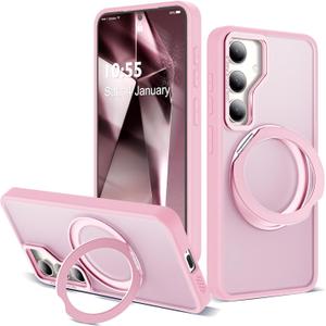 for Samsung Galaxy S25 Case with 360Rotatable Magnetic Ring Stand Compatible with Mag-Safe Military Protection Shockproof Matte Translucent Phone Cases for Samsung Galaxy S25,Pink
