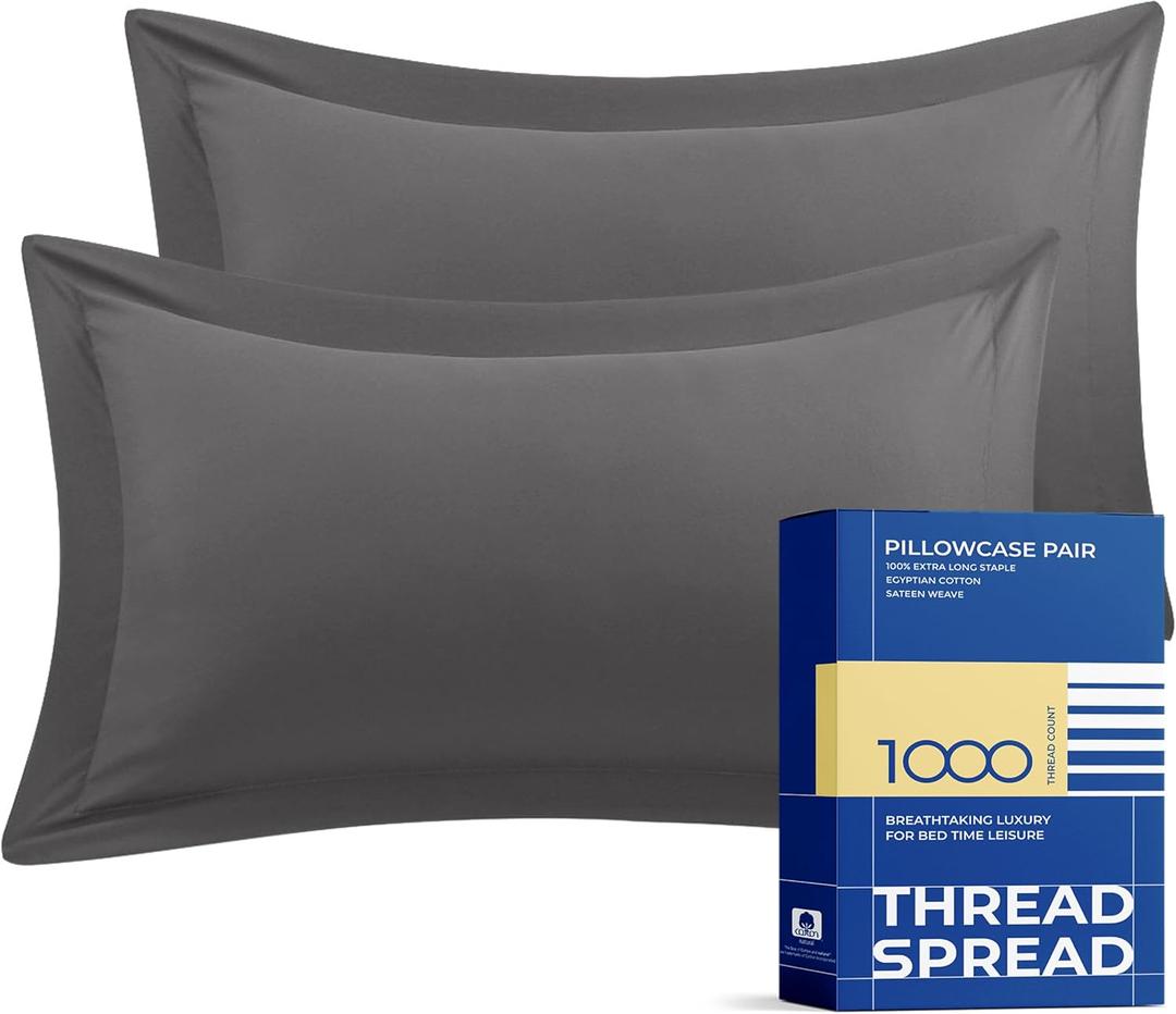 THREAD SPREAD 100% Egyptian Cotton Pillow Shams Set of 2 Standard/Queen Size with Envelope Closure - 1000 Thread Count Sateen Weave Pillow Sham, Silky Soft, Cooling Pillow Sham (Dark Grey)