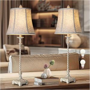 LuxSight European Country Vintage Style Candle Stick Buffet Table Lamps Set of 2, 33'' Tall Ivory White Linen Fabric Soft Bell Shade Stepless Dimming for Living Room Bedroom Dinning House Study Room (Cream)