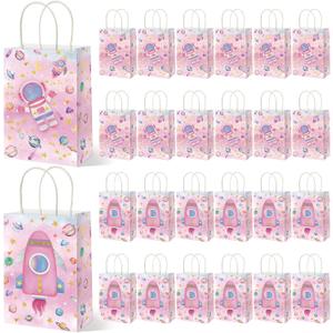 Geyoga 24 Pcs Pink Outer Space Party Favor Bags Space Goodie Gift Bags with Handles Galaxy Rocket Treat Party Supplies Two The Moon Birthday Decoration for Birthday Astronaut Galaxy Solar System Theme