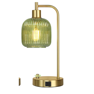 QiMH Industrial Table Lamp for Bedroom  Green Glass Beside Lamp with USB A&C Ports, Stepless Dimmable Gold Lamps, Nightstand Lamps for Living Room, Office, Home Decor(Bulb Included)