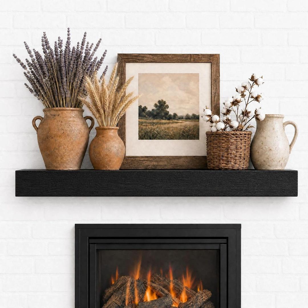 48 Inch Solid Wood Fireplace Mantel Shelf, Matte Black