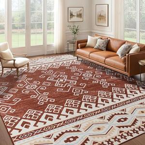 DSKOGYEM Area Rug 8x10 - Soft Washable Area Rug, Non-Slip Foldable Boho Rug, Low Pile Neutral Geometric Rug for Living Room, Dining Room, Bedroom, Home Decor - Orange