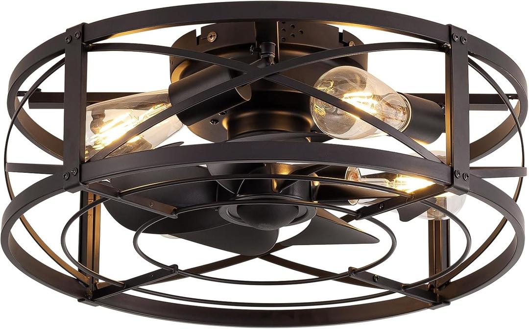 18 inch Rustic Farmhouse Caged Ceiling Fans with Lights and Remote, Industrial Black Low Profile Flush Mount Fandelier, Small Bladeless Ceiling Fan with Light for Bedroom, Kitchen, Cabin, Dining Room