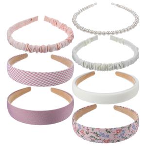 7 Pack Headbands for Women Girls, Comfortable Non Slip Cute Pearl Headband, Vintage Wide Headbands for Women, Trendy Floral Padded Hair Accessories for Daily Style(White & Pink)