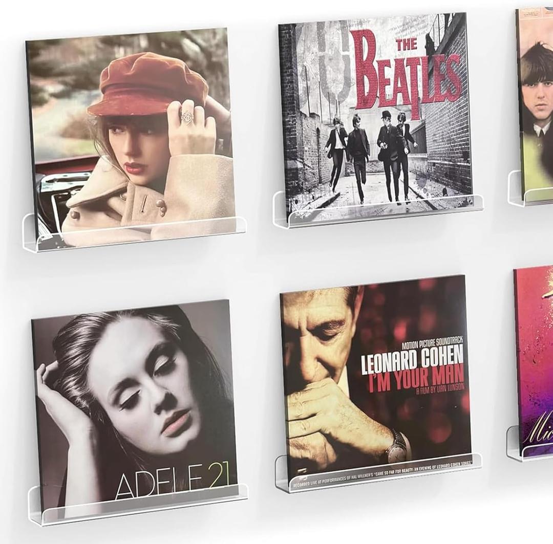 Vinyl Record Shelf Wall Mount, 6 Pack 12 inch Clear Acrylic Album Record Holder Display, Kids Bookshelf, Floating Wall Shelves for Bathroom, Bedroom, Living Room, Kitchen (Clear-6pcs)