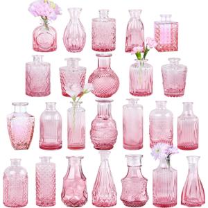 Pink Glass Bud Vase Set of 24, Small Flower Vases for Centerpieces in Bulk, Mini Vintage Vase for Wedding Decor, and Home Table Dcor