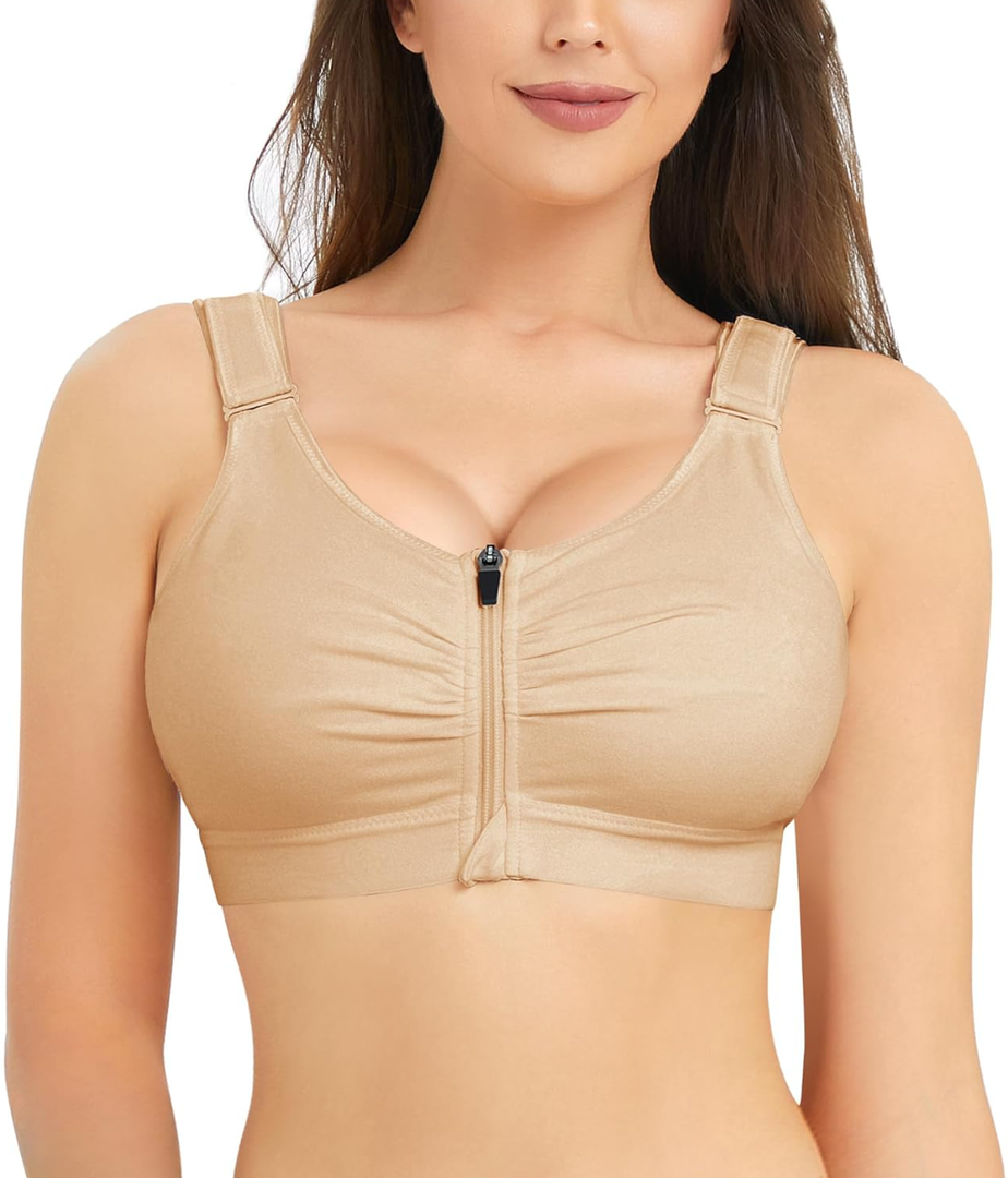 BRABIC Zip Front Closure Everyday Bra for Women Post Surgery Compression Support with Adjustable Straps Wirefree (Beige, Medium)