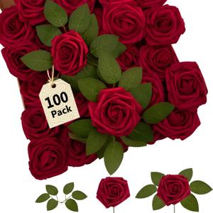 SPORTYOUTH 100Pcs Artificial Flowers Red Foam Fake Roses Bulk with Stems, Valentines Gift & Decor, Real Looking for DIY Wedding Bouquets Centerpiece Bridal Shower Party Home Mother Wife