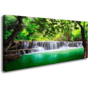 Cao Gen Decor Art-S01474 1 Panels all Art Tropical Beautiful Waterfall Prints Light Green Forest Natural Landscape Picture Canvas Paintings Creek Scenery Spring for Home Wall Decor Artwork XXLarge