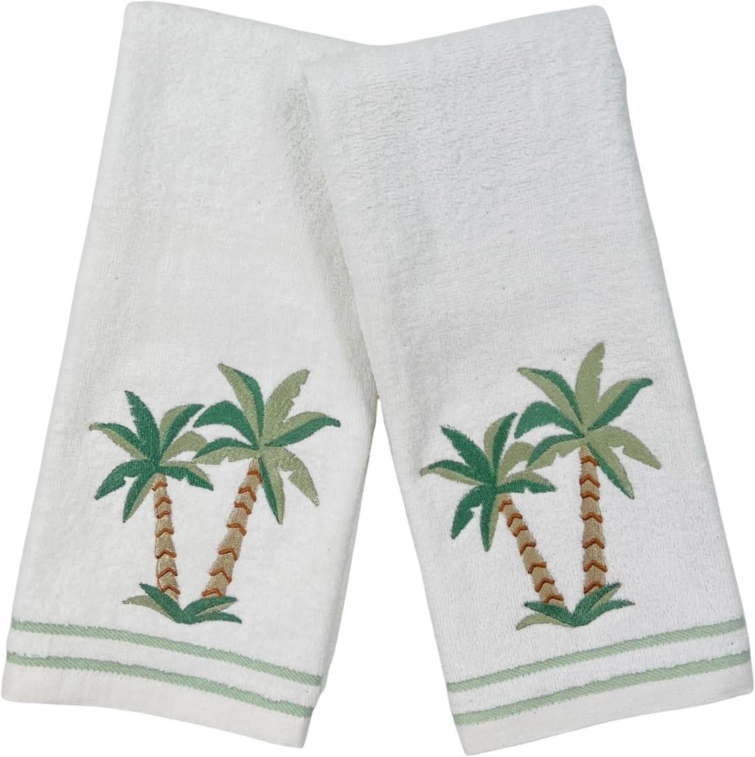 Tropical Bathroom Hand Towels- Set of 2 100% Cotton White Embroidered Palm Tree Hand Bath Towels- 16 x 25 Bath & Kitchen Decor