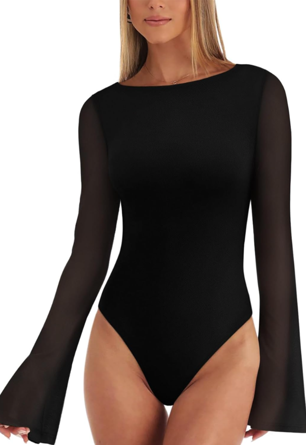 REORIA Women's Trendy Sexy Boat Neck Bell Sleeve Sheer Mesh Going Out Bodysuit Tops, XL