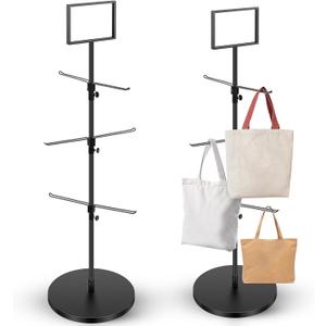 Tandefio Tote Bag Rack with Signboard Heavy Duty Shopping Bag Metal Rack 57 3/4" H 3 Tier Adjustable Hooks Bag Stand Handbag Grocery Display Rack for Retail Store Trade Show Boutique Small Business