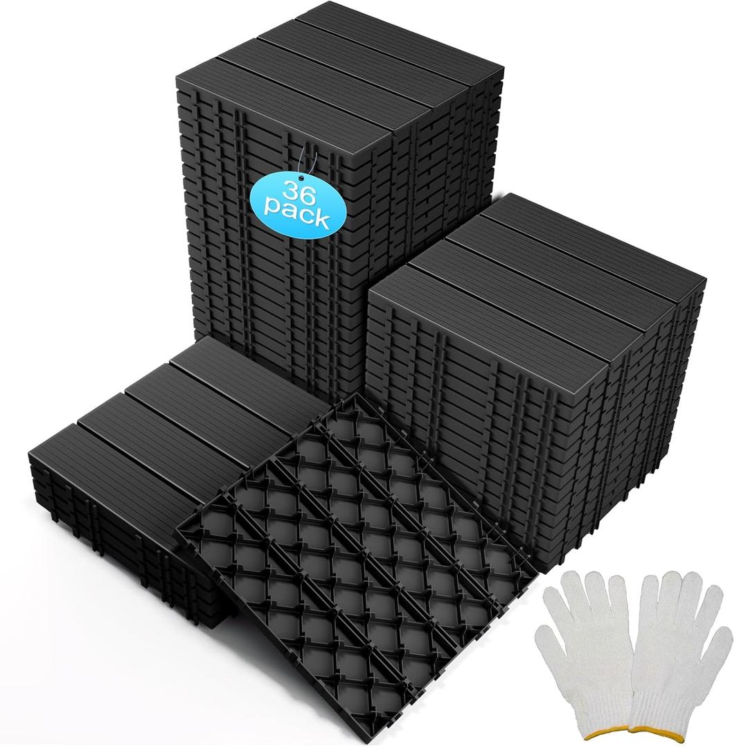 36 sq. ft Plastic Interlocking Deck Tiles, 36 Pack Patio Deck Tiles Waterproof Outdoor Flooring 12" x 12"All Weather Uses for Porch Poolside Balcony Backyard Pathway, Charcoal Gray