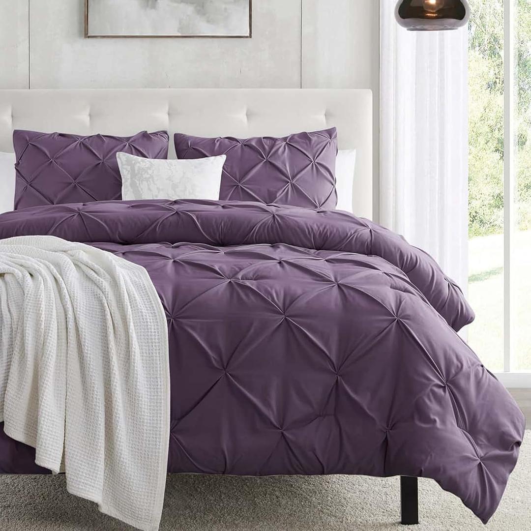 Nestl Purple Duvet Cover Queen Size - Soft Double Brushed Duvet Set with Button Closure & Corner Ties, 3 Piece Luxurious Pinch Pleated Duvet Cover Set 90x90 Inches with 2 Pillow Shams