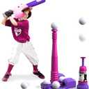 QDRAGON 2 in 1 T Ball Sets for Kids 3-5 5-8, Tee Ball Set with Automatic Pitching Machine/Adjustable Batting Bat & Stand/6 Balls, Baseball Toys Outdoor Sport for Toddlers Girls, Pink